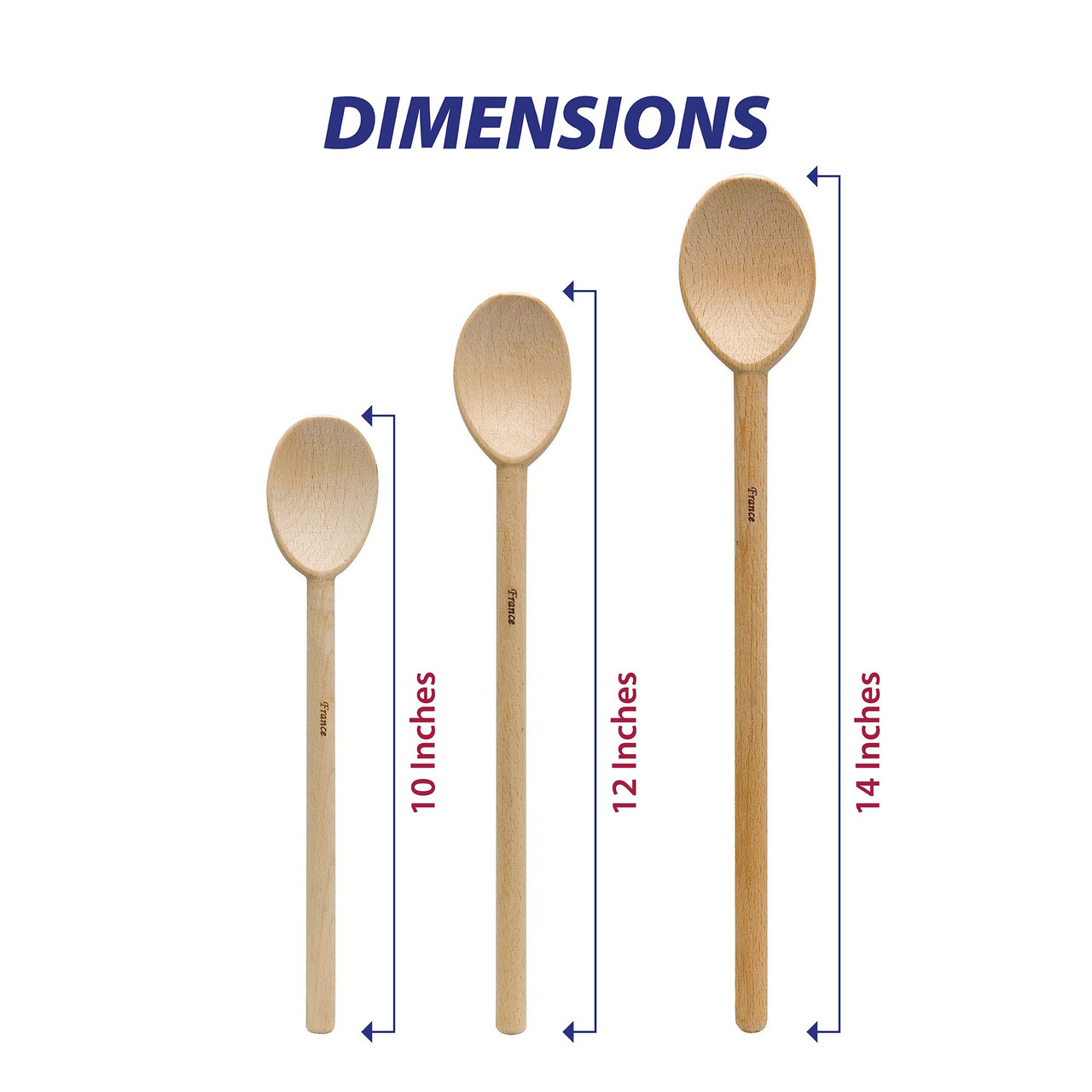 HIC Kitchen Classic French Beechwood Spoons, Made in France, Includes 10-Inch, 12-Inch, and 14-Inch, Set of 3
